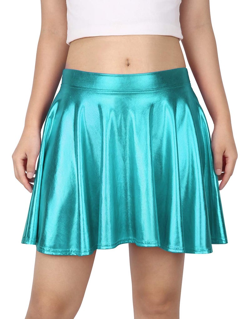 HDE Women's Solid Color Metallic Flared Pleated Club Skater Skirt Teal - S - Image 2